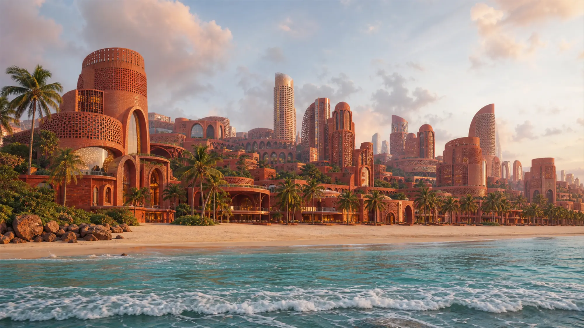 Illustrative terracotta research city seen from the ocean